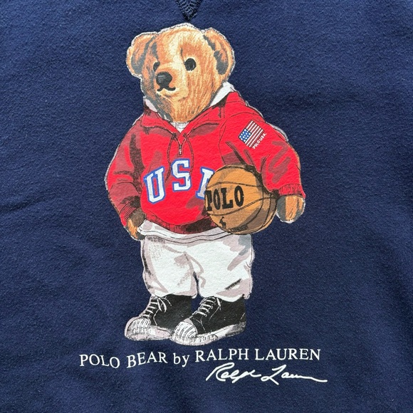 Size 7 kids Ralph Lauren POLO Bear basketball navy blue crew neck sweater - Picture 3 of 11